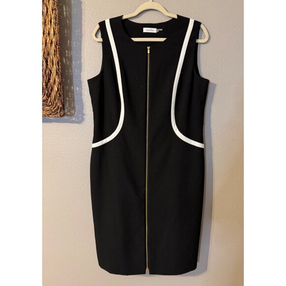 Calvin Klein Sheath Dress 14 Black White Piping Front Zip Sleeveless Career - Picture 3 of 15